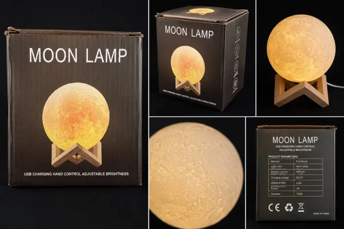 Luminária Lua 3D LED Recarregável USB com Base de Madeira - Linda Decoração!