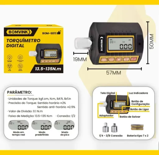 Torquímetro Digital BOMVINK BOM-6811 13,5-135Nm com Alarme Sonoro e Luminoso + Adaptadores