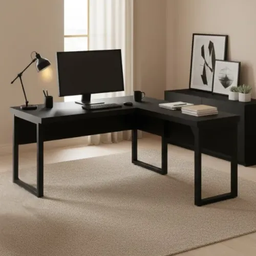 Mesa em L com Mesa Auxiliar Pé Quadro Preta Estrutura Robusta Escritório 26011