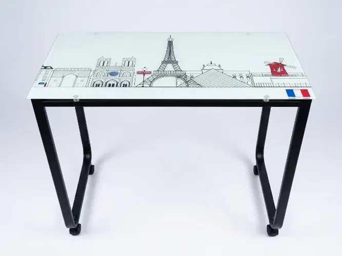 Mesa Escrivaninha Home Office 90x50cm em Ferro e Tampo de Vidro (Estampa Paris)