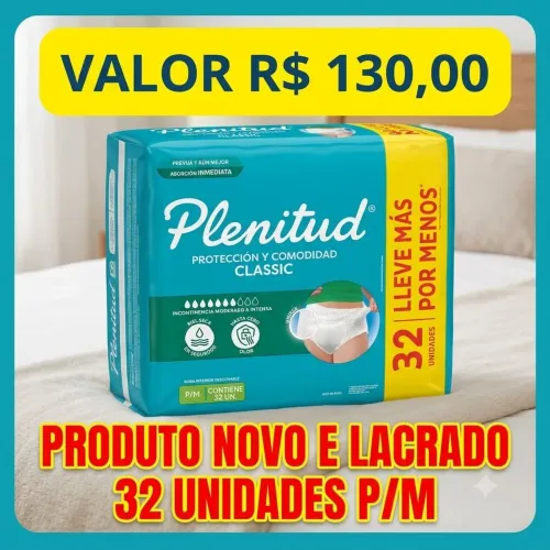 Fralda Plenitud Classic Roupa Íntima P/M - 32 Unid. (Lacrado)<br>Preço: R$ 130,00