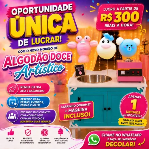 ALGODÃO DOCE ARTÍSTICO + CARRINHO GOURMET VINTAGE ARTESANAL - ÚNICO NO BRASIL