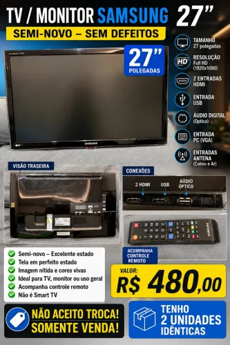TV Monitor Samsung 27? HD | Semi-Novo | Controle Remoto | R$ 480,00