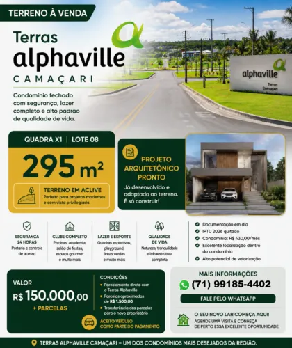 Terreno 295m² no Terras Alphaville Camaçari | Projeto Pronto | R$150 Mil + Parcelas