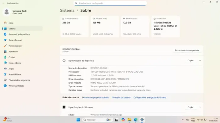 Samsung Book i5 11ª Geração | 12GB RAM | SSD 256GB