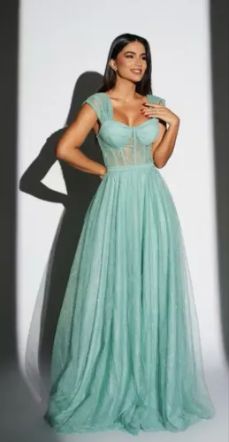 Vestido de festa verde água brilhante