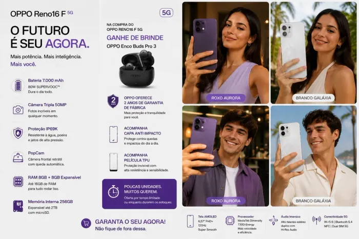 OPPO RENO16 F 5G 256GB | 7.000mAh | 50MP | IP69K + BRINDE ?