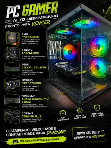 PC Gamer Ryzen 5 5500 GTX 1070 8GB - Completo -Até 12 X 325,00 Sem Acréscimo !!!