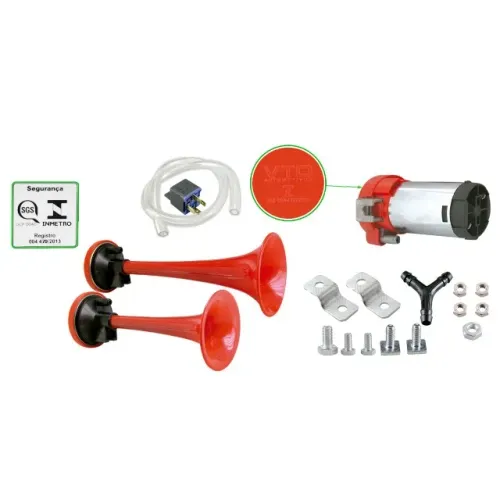 Buzina ar 2 Cornetas Vermelha Com Compressor 12v