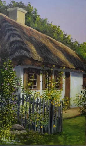 Quadro pintado à mão - Casinha de Campo com Telhado de Palha