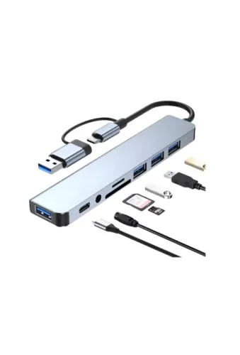 HUB 8 EM 1 USB TIPO-C SAIDA 4 USB 1 TIPO-C 3.0 + LEITOR CARTÃO + ADAP. USB IPO-C CZH-T38B
