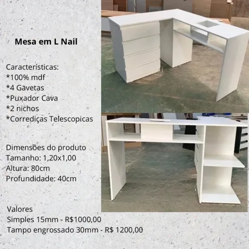 Mesa em L Nail - MDF 100% com Gavetas e Nichos