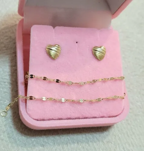 Conjunto Brincos coração e Pulseira coffee Ouro 18k