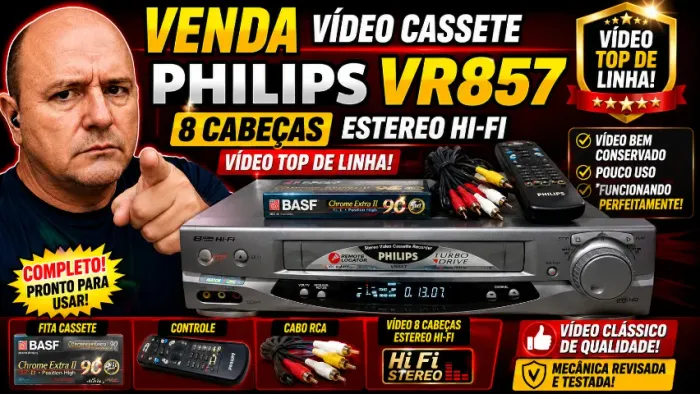VÍDEO CASSETE PHILIPS VR 857 8 CABEÇAS + CONTROLE + FITA + CABO RCA