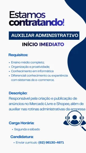 VAGA IMEDIATA PARA ADMINISTRATIVO E-COMMERCE DE AUTO PEÇAS