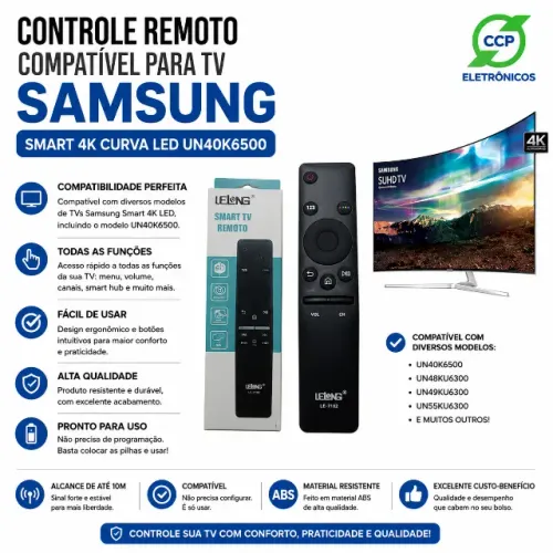 Controle Remoto Compatível Para Tv Samsung Smart 4k Curva Led Un40k6500 