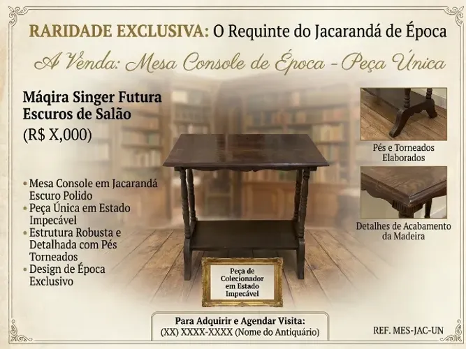 Antiguidades. Mesa Antiga em Madeira de Lei para Máquina de Costura ou Decoração