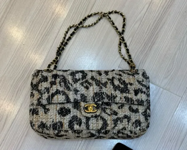 Bolsa italiana Chanel flap souplissimo Tweed Mixed tecido Leopard com couro legítimo