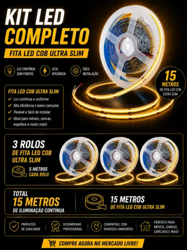 Kit 15 Metros Fita Led Cob 12v 320 Leds/m Alta Luminosidade