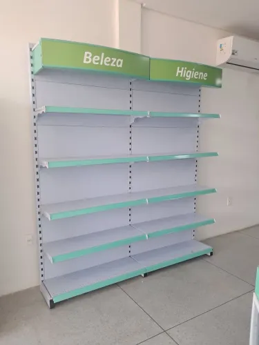 Gôdolas e expositores prateleiras de aço/ Balcão com prateleiras de vidro e Balcão Caixa