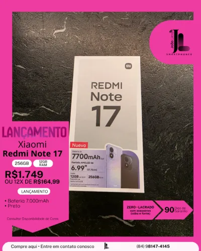 XIAOMI REDMI NOTE 17, 256GB, 12GB RAM, PRETO, LACRADO, LANÇAMENTO!