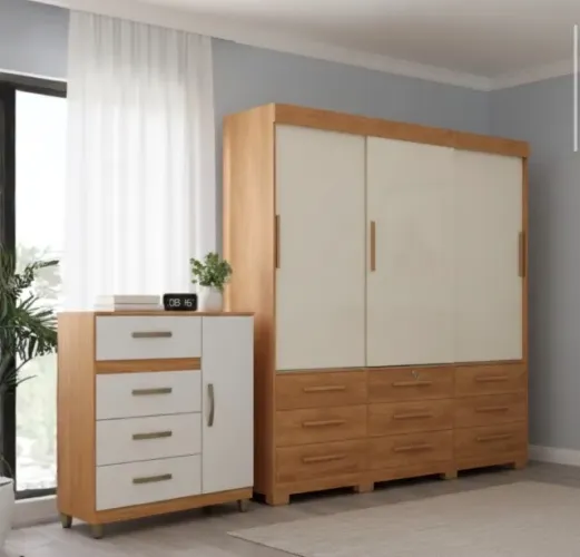 Conjunto Florença Cinamomo com Roupeiro e Cômoda Sapateira