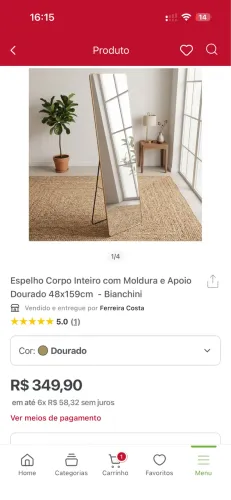 Espelho Corpo Inteiro com Moldura e Apoio Dourado 48x159cm - Bianchini