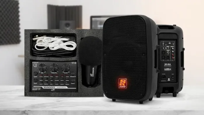 kit caixa Ativa Sr-88a Staner 85W+Kit Interface De Áudio Soundcasting-300 Sounvoice
