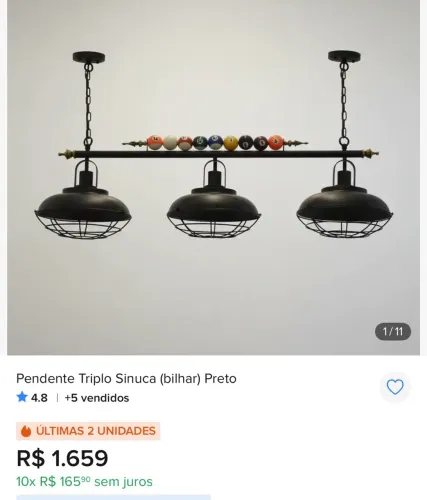 Luminária para mesa de sinuca.