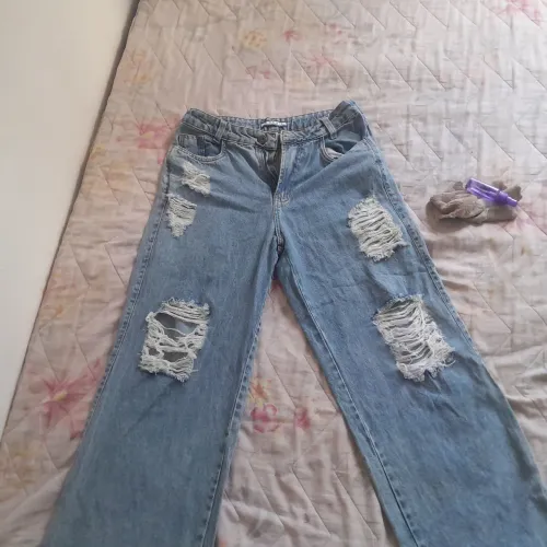 Calça Wide Leg Jeans Destroyed - Tam 40 (Forma Grande / Veste 42)<br>