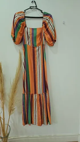 Vestido longo fundo laranja viscose com linho Tamanho P