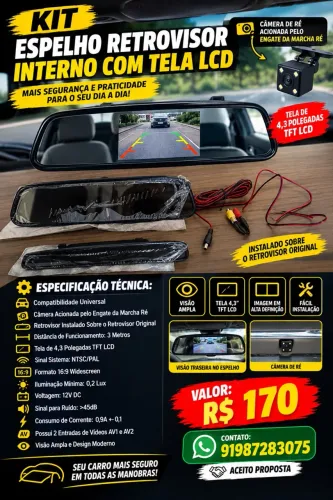 Kit Retrovisor Tela LCD 4,3 Polegadas