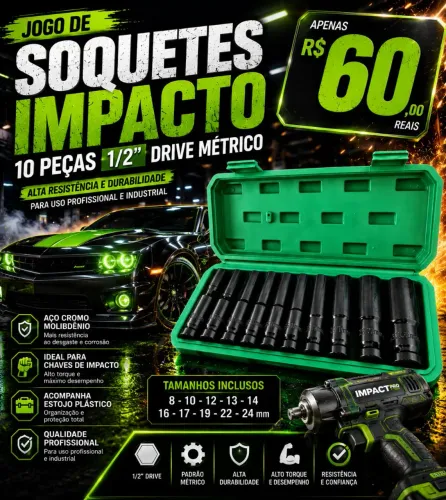 10 SOQUETES DE IMPACTO LONGOS 8 AO 32 MM