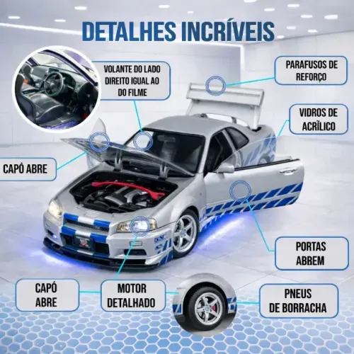 Miniatura Nissan Skyline GT-R R34 - 1:32 (Metal / Som e Luz) - Novo