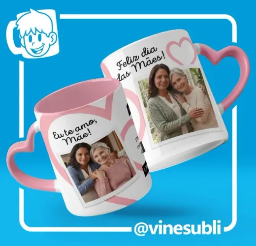 Caneca Dia das Mães com FOTOs e Mensagem alça CORAÇÃO