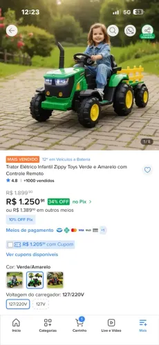 Trator Elétrico Infantil Zippy Toys Verde e Amarelo com Controle Remoto