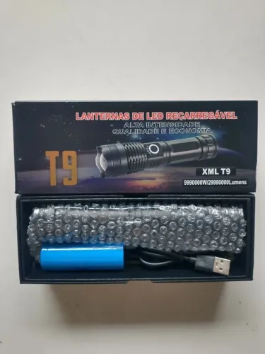 Lanterna LED Recarregável T9 XML - Alta Potência - Bateria 26650 - Novo<br>