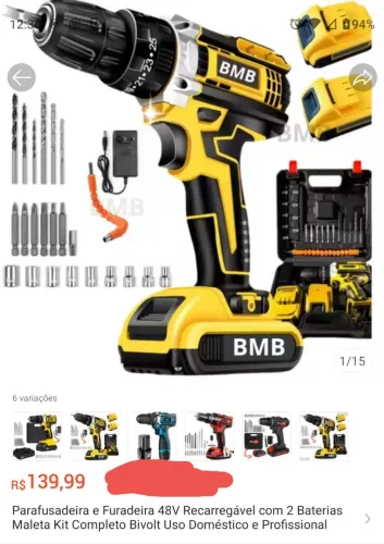 Parafusadeira e furadeira 48v com duas baterias maleta kit completo com 