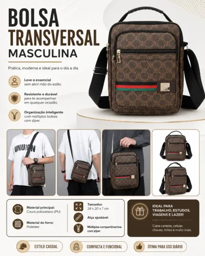 Bolsa Transversal Crossbody Masculina Feminina Couro Sintético estampada monograma
