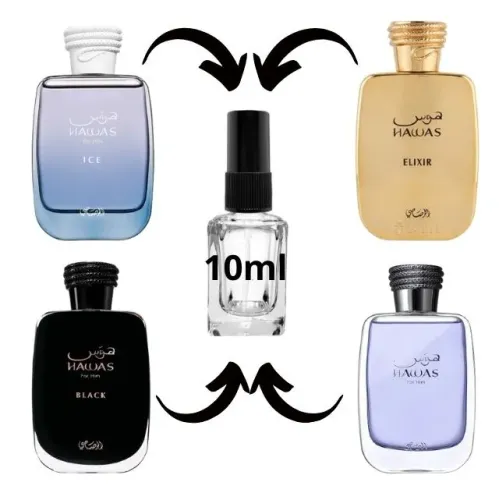 kit 4 decant 10ml cada hawas ice, hawas elixir, hawas black e hawas for him