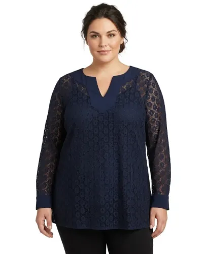 Blusa Túnica Plus Size 3X Liz Claiborne - Renda Guipir Algodão Azul Marinho