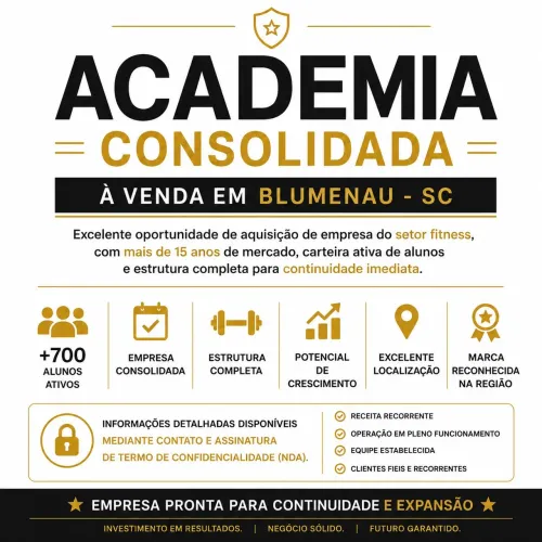 Academia Consolidada à Venda | Blumenau/SC | Empresa Completa | +700 Alunos