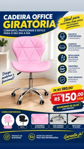 Cadeira Giratória Rosa para Escritório - De R$ 180 por R$ 150