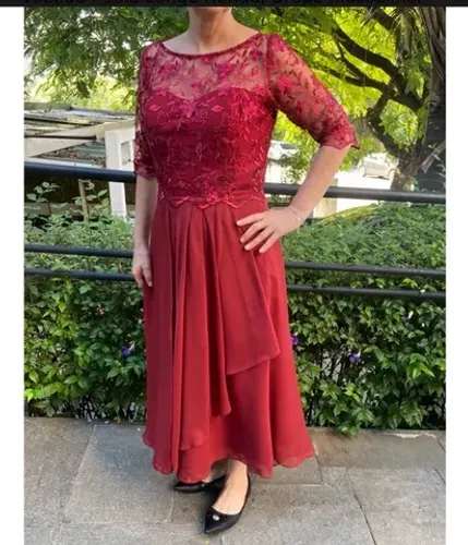 Vestido Festa Longo Renda, Crepe Musseline, Voil Borgonha