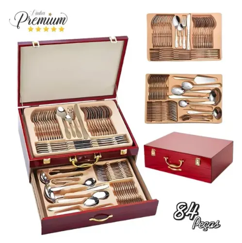 Faqueiro Inox 84 Peças Banhando A Ouro 24k Promoção Dusseldorf