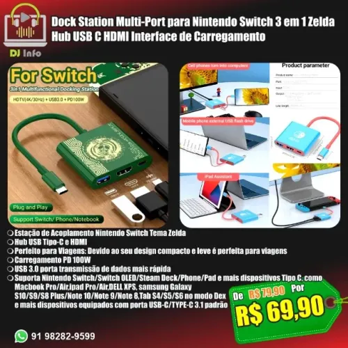 Dock Station Nintendo Switch 3 em 1 Hub USB C HDMI Carregam. Zelda / Vermelho / Azul
