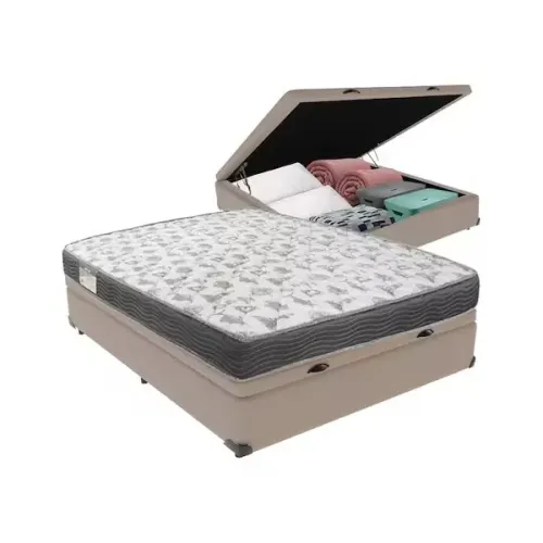 Base Baú Casal Bege com Colchão Casal D33 Ortobom - Entrega Rápida!