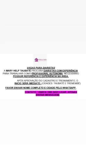 Vaga para diarista autônoma Taubaté 