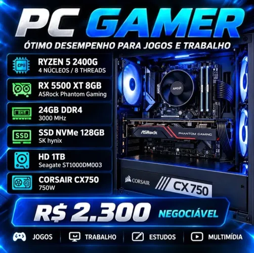PC Gamer Ryzen 5 | RX 5500 XT 8GB | 24GB RAM 3000MHz | Corsair 750W