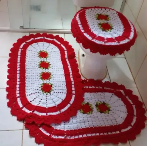Kit Tapete Jogo de Banheiro Floral Arredondado Barbante